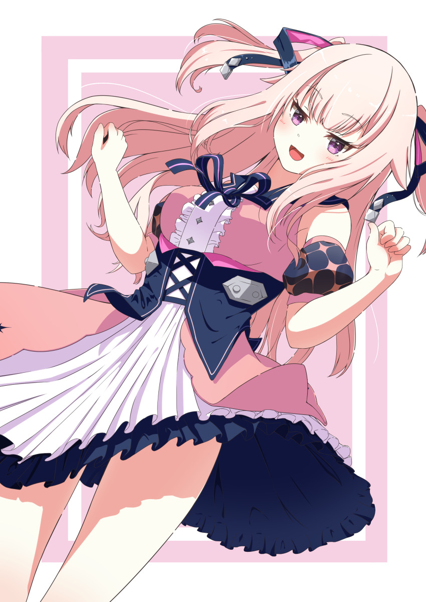 1girl, absurdres, black_ribbon, blush, border, breasts, detached_sleeves, dress