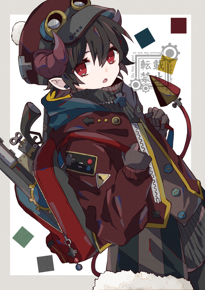 1boy, backpack, bag, black_hair, bloomminority, demon_boy, demon_horns, demon_tail, fang, fantasy, gloves, highres, horns, long_sleeves, looking_at_viewer, male_focus, mechanical_tail, original, pale_skin, pointy_ears, red_eyes, solo, steampunk, tail