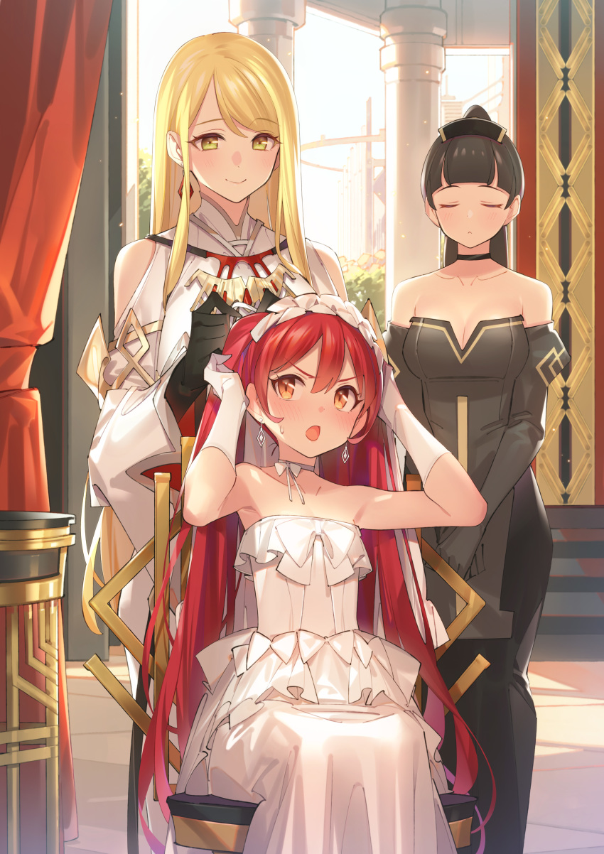 3girls, :o, absurdres, arms_up, black_hair, blonde_hair, breasts, chair, character_request, choker, cleavage, closed_eyes, closed_mouth, dress, earrings, flat_chest, freya_(n-innocence), frilled_hairband, frills, gloves, green_eyes, hair_between_eyes, hairband, hands_up, highres, jewelry, long_hair, medium_breasts, multiple_girls, n-innocence, on_chair, open_mouth, orange_eyes, pillar, popqn, red_hair, ribbon_choker, sitting, smile, standing, strapless, strapless_dress, sunlight, sweatdrop, thor_(n-innocence), v-shaped_eyebrows, wedding_dress, white_gloves