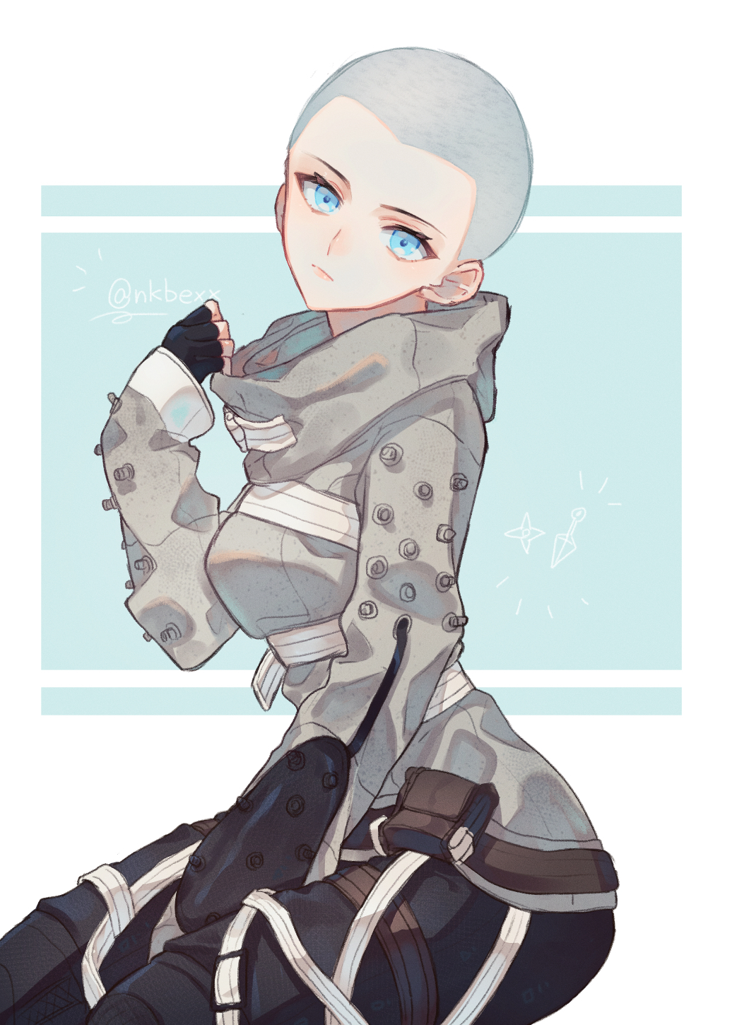 1girl, animification, apex_legends, bald, bald_female, black_gloves, black_pants, blue_eyes