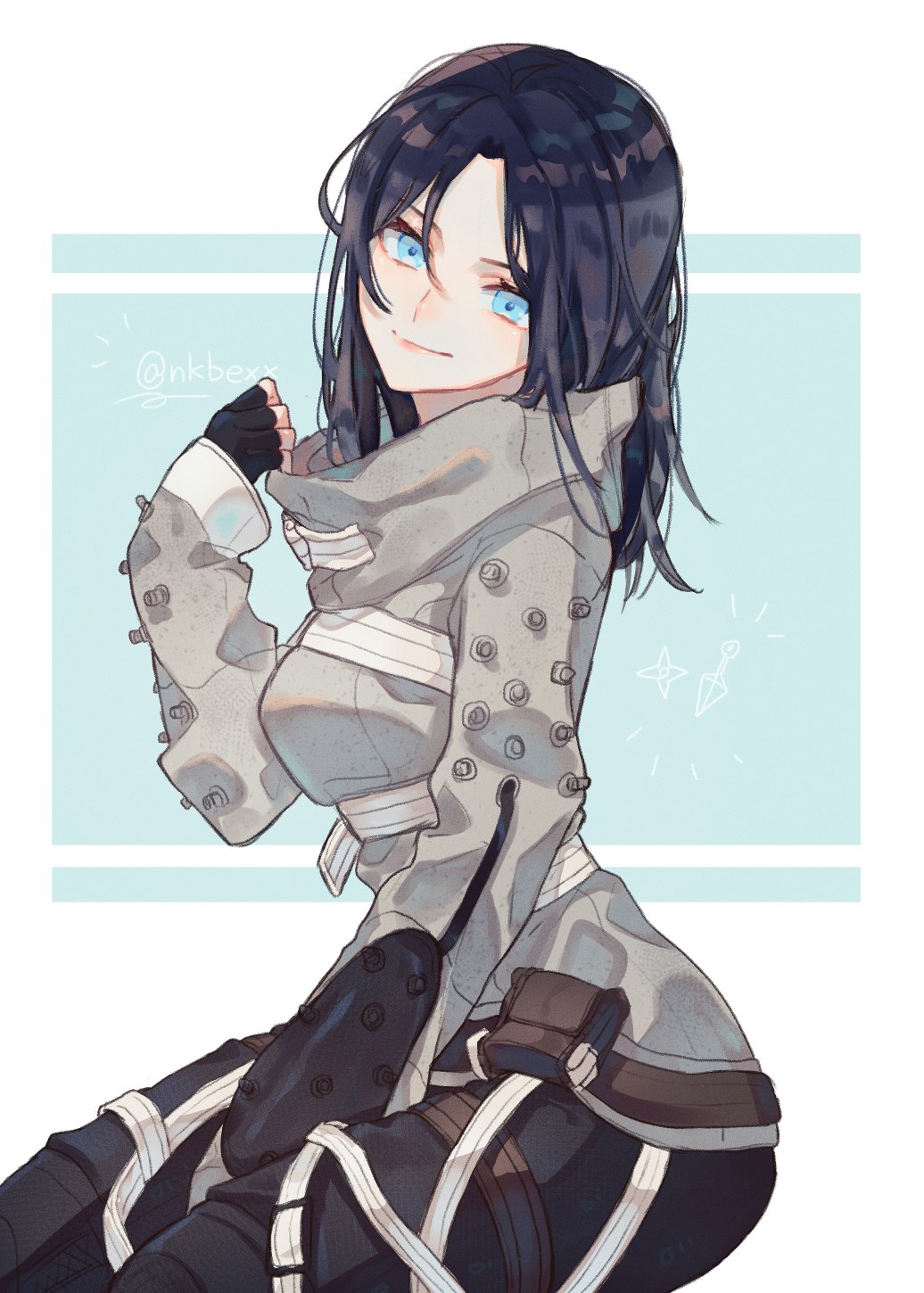 1girl, animification, apex_legends, black_gloves, black_hair, black_pants, blue_eyes, breasts, fingerless_gloves, gloves, grey_jacket, head_tilt, highres, jacket, looking_at_viewer, medium_breasts, medium_hair, nakaba_(mode), official_alternate_costume, pants, parted_bangs, simple_background, solo, star_(symbol), straitjacket, the_liberator_wraith, twitter_username, wraith_(apex_legends)