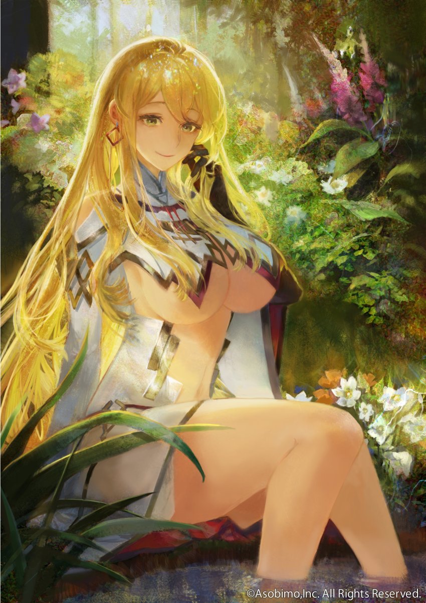 1girl, absurdres, blonde_hair, breast_curtains, breasts, closed_mouth, clothing_cutout, company_name