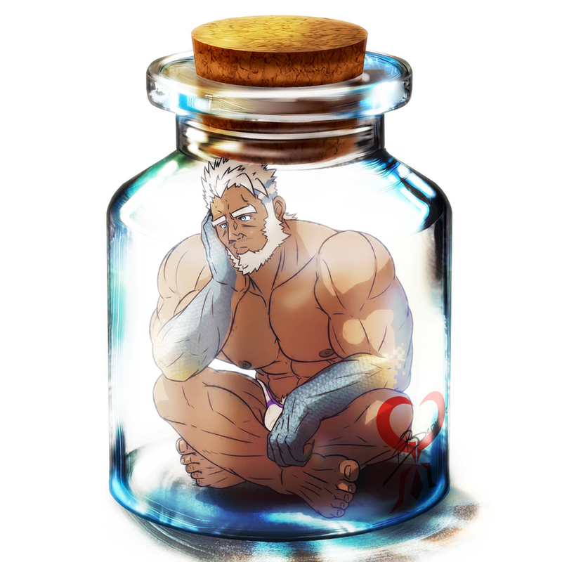 1boy, abs, aegir_(housamo), aqua_hair, bara, beard, blue_eyes, bottle