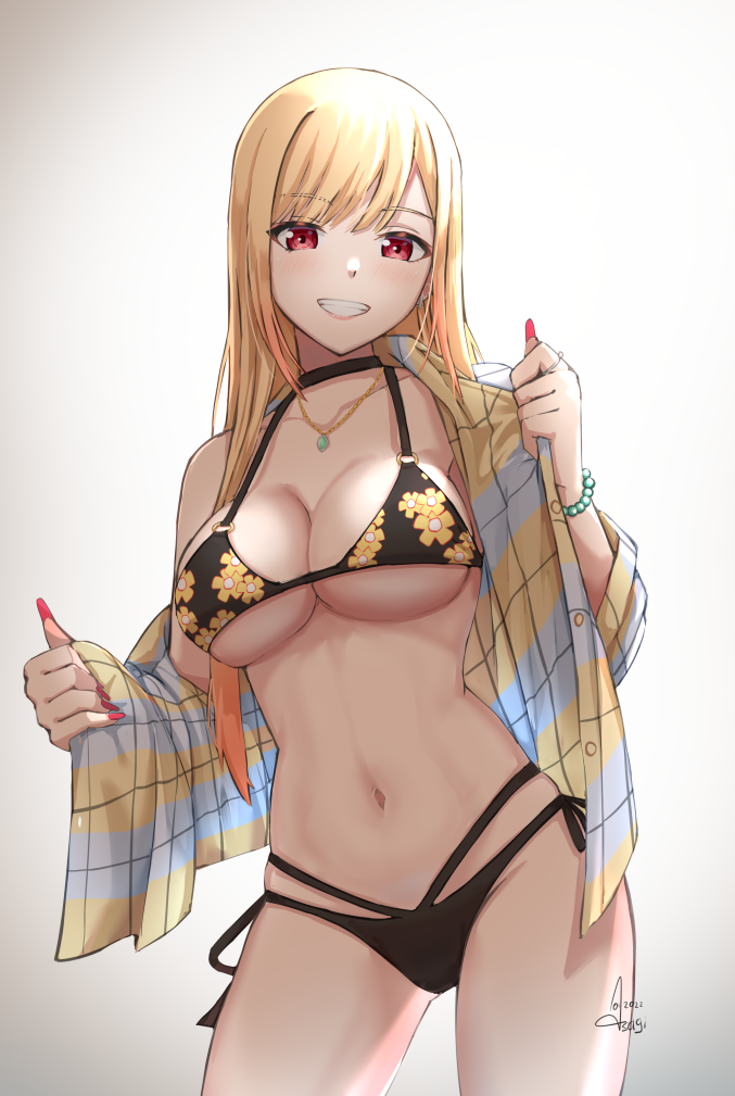 1girl, bikini, bikini_under_clothes, black_bikini, black_choker, blonde_hair, bracelet, breasts, choker, cleavage, cowboy_shot, fingernails, floral_print, grin, halterneck, jewelry, kitagawa_marin, large_breasts, long_fingernails, long_hair, looking_at_viewer, multi-strapped_bikini, multi-strapped_bikini_bottom, nail_polish, open_clothes, open_shirt, print_bikini, red_eyes, side-tie_bikini_bottom, signature, smile, solo, sono_bisque_doll_wa_koi_wo_suru, string_bikini, sundajin_asagi, swimsuit