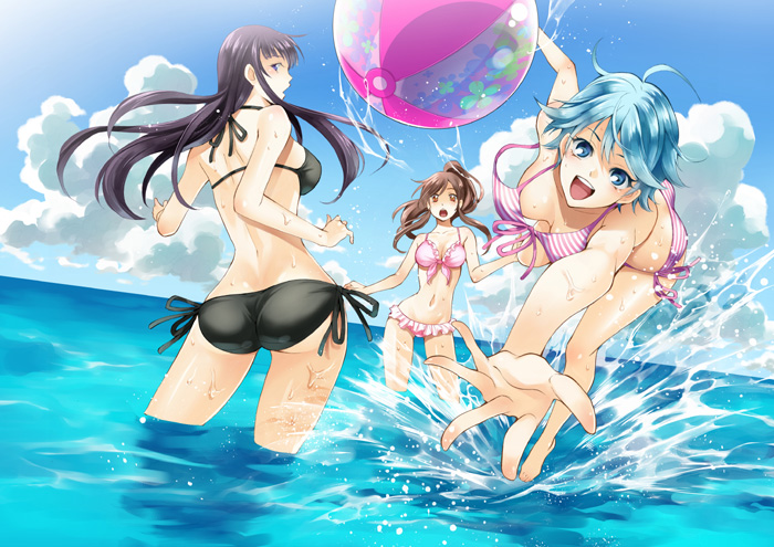3girls, :d, akitsuki_fuuka, ass, ball, bare_arms, bare_legs, beachball, bikini, black_bikini, black_hair, black_ribbon, blue_eyes, blue_hair, blue_sky, breasts, brown_hair, cleavage, cloud, collarbone, contrapposto, floating_hair, front-tie_bikini_top, front-tie_top, fuuka, high_ponytail, iwami_sara, jumping, koyuki_hinashi, long_hair, looking_at_viewer, looking_back, medium_breasts, multiple_girls, navel, ocean, official_art, open_mouth, orange_eyes, pink_bikini, pink_ribbon, ponytail, ribbon, seo_kouji, short_hair, side-tie_bikini_bottom, sky, smile, standing, straight_hair, striped_bikini, striped_clothes, summer, swimsuit, very_long_hair, wading, wardrobe_malfunction