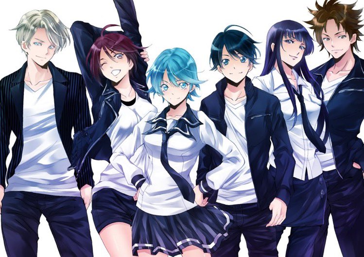 2boys, 4girls, akitsuki_fuuka, aoi_fuuka, arm_behind_head, arm_up, black_hair, black_jacket