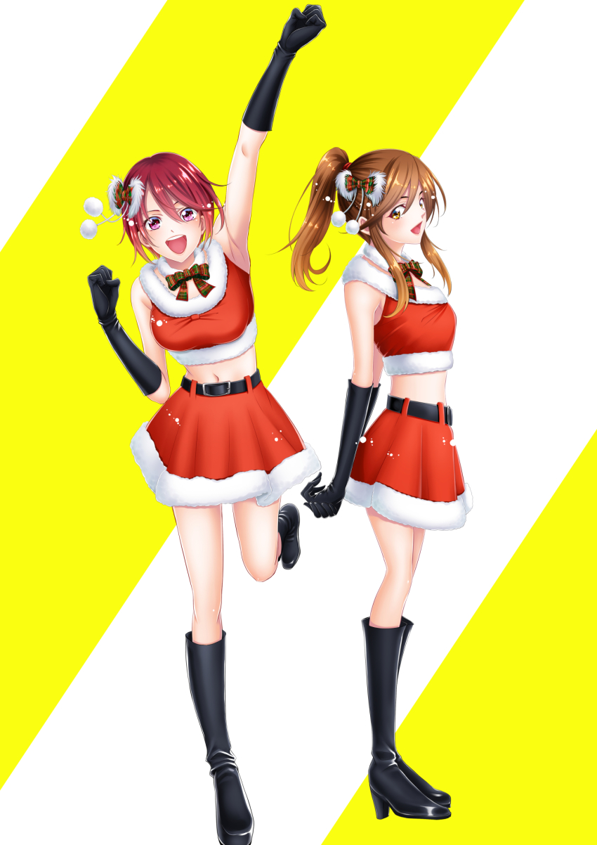 2girls, :d, aoi_fuuka, arm_up, armpits, arms_behind_back, belt, black_belt