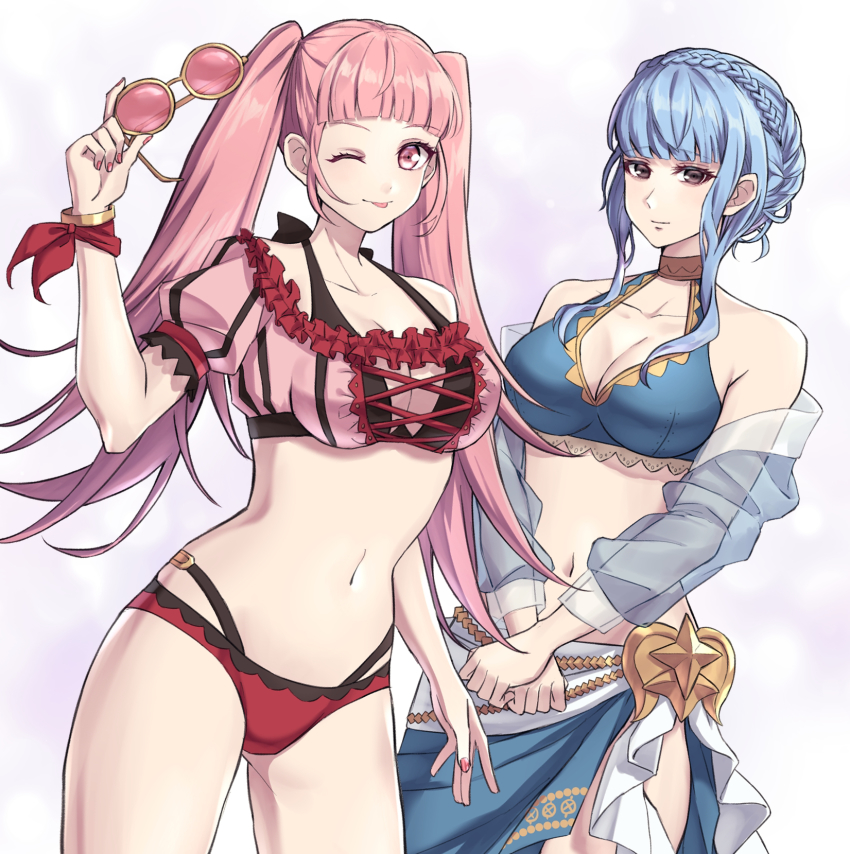 2girls, ;p, alternate_costume, bikini, black_bikini, blue_bikini, blue_hair, blunt_bangs, bracelet, braid, breasts, brown_eyes, cleavage, closed_mouth, collarbone, cowboy_shot, crown_braid, female_focus, fire_emblem, fire_emblem:_three_houses, fire_emblem_heroes, halterneck, highres, hilda_valentine_goneril, hilda_valentine_goneril_(summer), holding, holding_removed_eyewear, jewelry, long_hair, looking_at_viewer, marianne_von_edmund, marianne_von_edmund_(summer), matching_hair/eyes, medium_breasts, mismatched_bikini, multi-strapped_bikini, multiple_girls, nail_polish, navel, nintendo, official_alternate_costume, one_eye_closed, pink-tinted_eyewear, pink_eyes, pink_hair, pink_nails, red_bikini, sarong, see-through_clothes, see-through_sleeves, shinae, short_hair_with_long_locks, short_sleeves, sidelocks, smile, standing, sunglasses, swimsuit, tinted_eyewear, tongue, tongue_out, unworn_eyewear, very_long_hair, white_background, wink, yellow-framed_eyewear