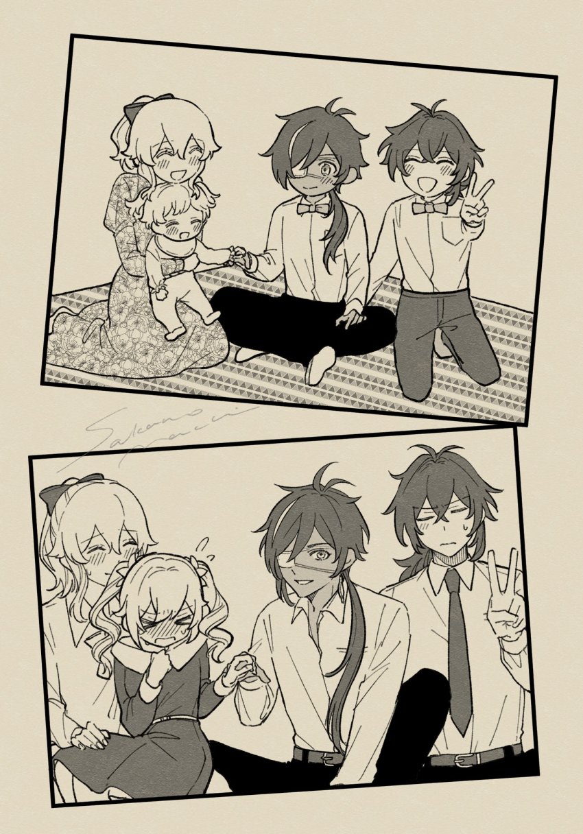 >_<, 2boys, 2girls, :d, ^_^, age_progression, aged_down, alternate_costume