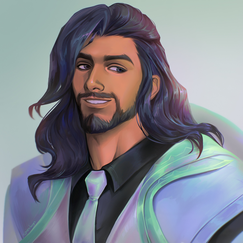 1boy, akshan_(league_of_legends), beard, black_eyes, black_hair, black_shirt, collared_shirt, commentary