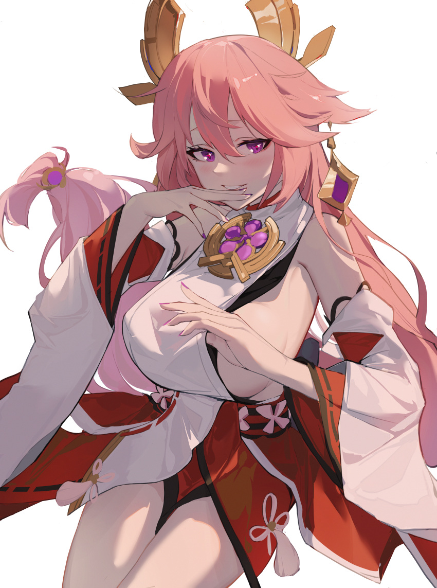 1girl, absurdres, bare_shoulders, breasts, detached_sleeves, genshin_impact, hair_ornament, half-closed_eyes