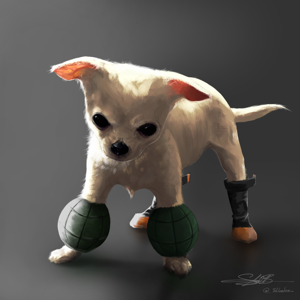 1other, angry, animal_focus, animalization, bakugou_katsuki, bel_(slbelen_), boku_no_hero_academia, boots, chihuahua, costume, dog, explosive, gauntlets, grenade, grey_background, looking_at_viewer, photorealistic, realistic, reflective_floor, shadow, signature, solo, twitter_username, white_hair