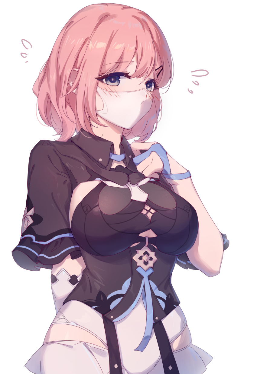 1girl, absurdres, black_leotard, bob_cut, breasts, cleavage, gloves, grey_eyes