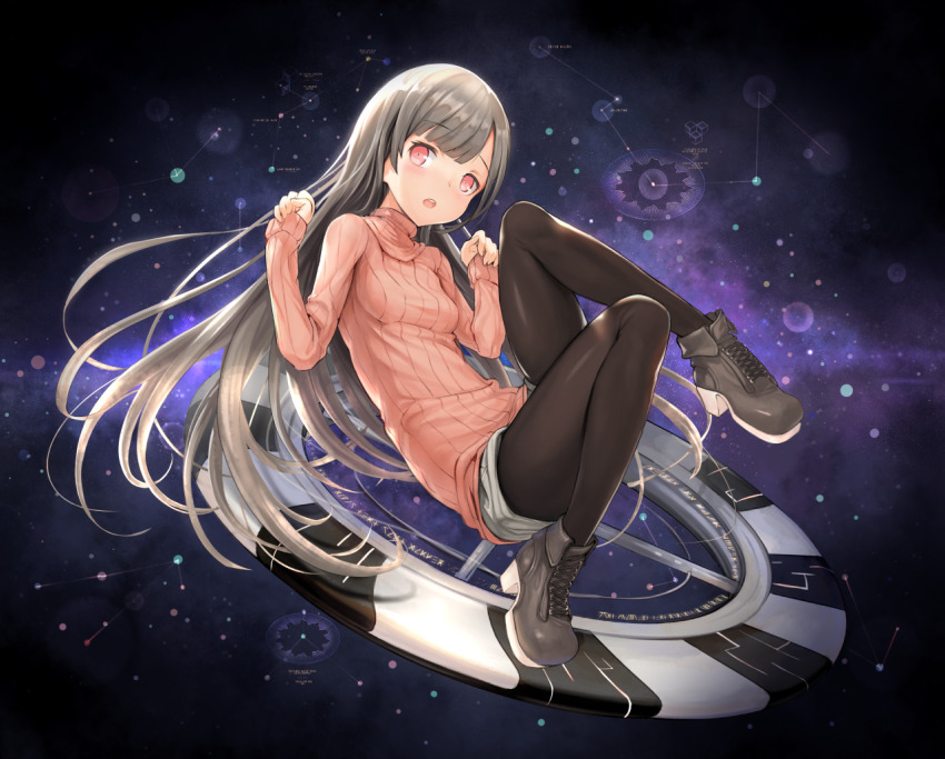 1girl, black_pantyhose, blunt_bangs, blush, boots, commentary_request, future_girlfriend, grey_hair, long_hair, long_sleeves, looking_at_viewer, pantyhose, qbase, red_eyes, revision, ribbed_sweater, shorts, sleeves_past_wrists, solo, sweater, turtleneck, very_long_hair, yulin_(future_girlfriend)