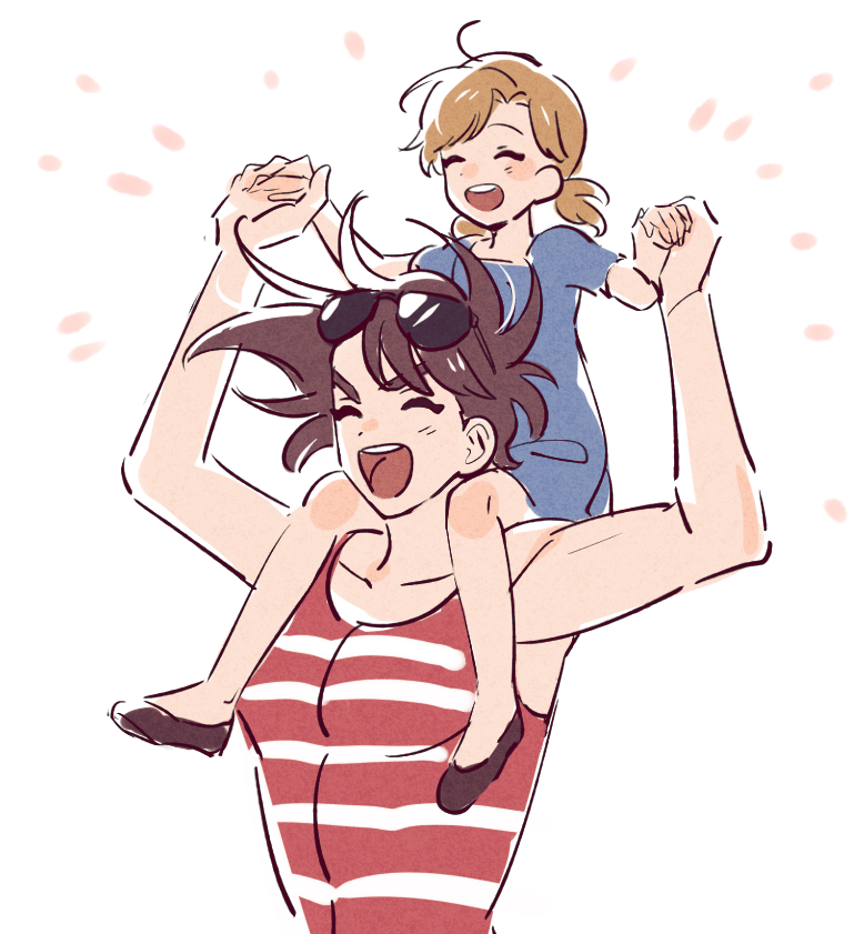 1boy, 1girl, ^_^, battle_tendency, blue_dress, brown_hair, carrying, closed_eyes