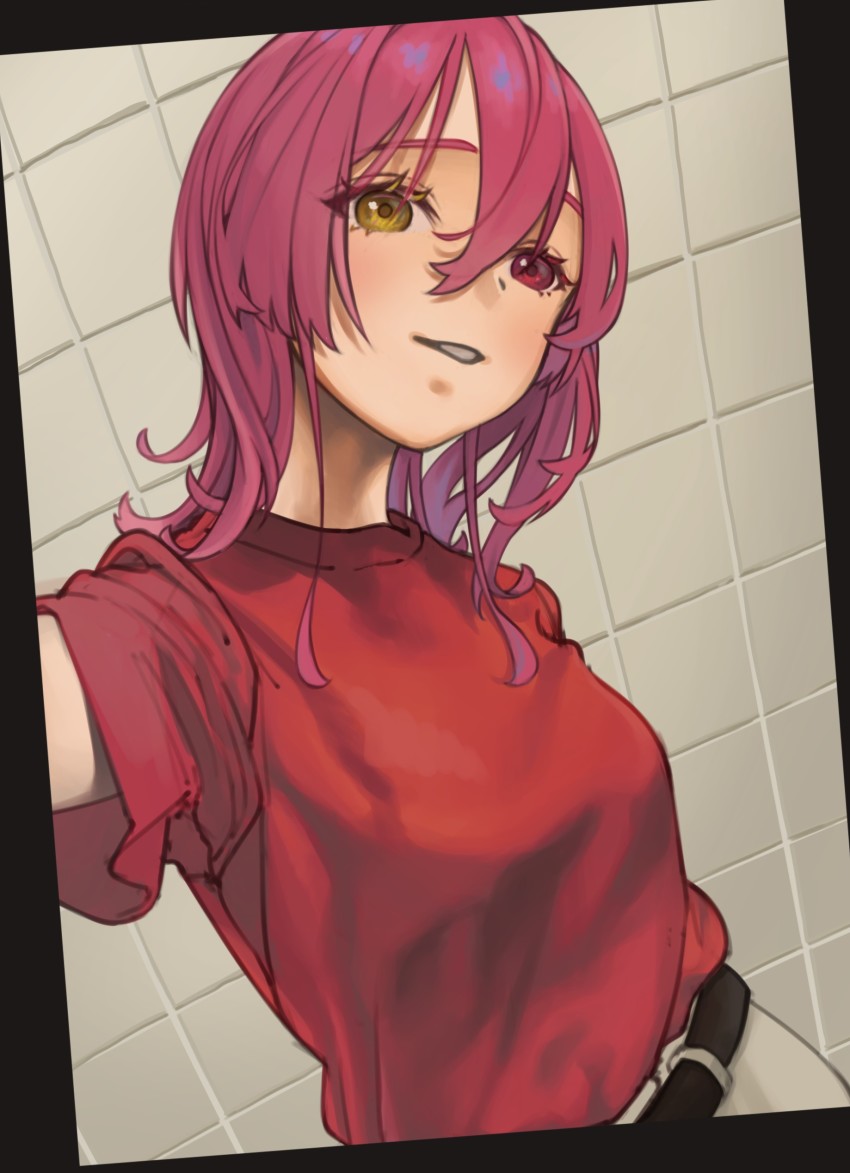 1girl, absurdres, alternate_costume, alternate_hairstyle, belt, black_belt, black_border, blush