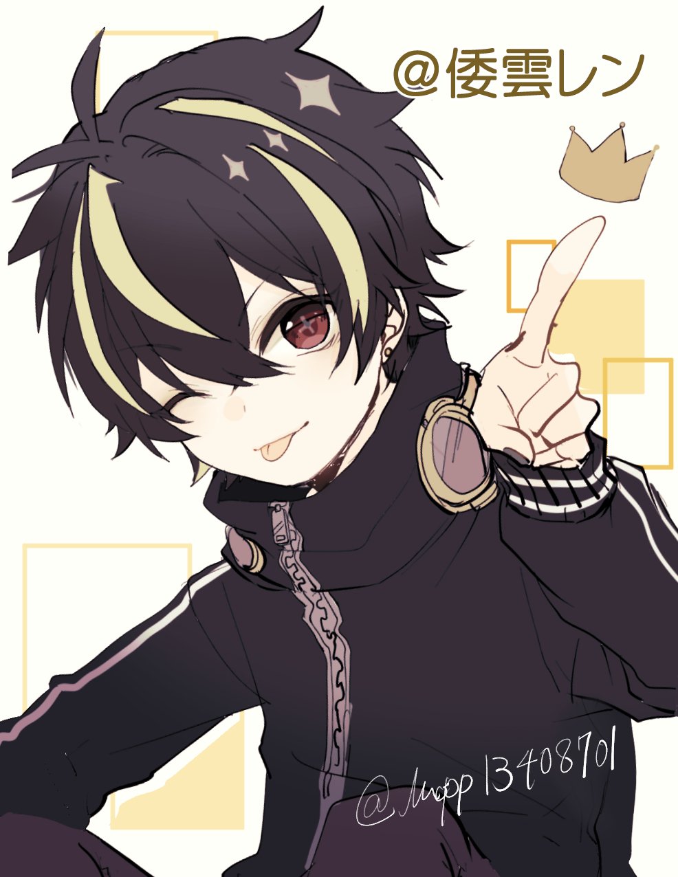 1boy, asuta1102, black_hair, blonde_hair, earrings, headphones, headphones_around_neck, highres, indie_virtual_youtuber, jewelry, looking_to_the_side, multicolored_hair, one_eye_closed, pale_skin, pointing, red_eyes, stud_earrings, tongue, virtual_youtuber, wagumo_ren