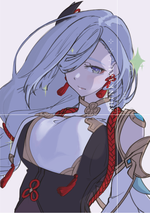 bodystocking, single_breast_curtain, breasts, character_name, copyright_name, earrings, eyebrows_hidden_by_hair, genshin_impact