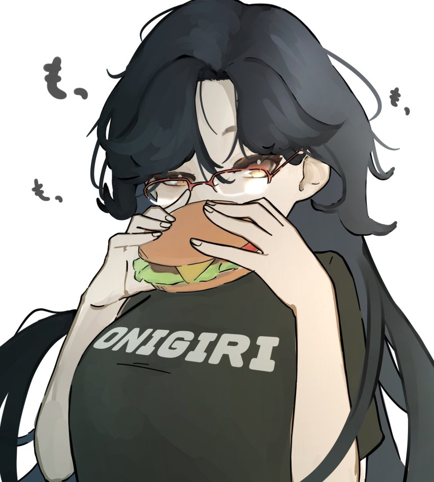 1girl, amagami_rui, black_shirt, breasts, burger, eating, eyebrows_hidden_by_hair, food