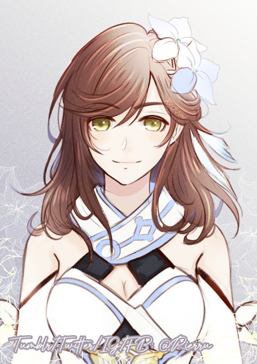 1girl, artist_name, breasts, brown_hair, cleavage, closed_mouth, company_connection, cosplay, crossover, dress, elbow_gloves, flower, genshin_impact, gloves, green_eyes, hair_flower, hair_ornament, long_hair, looking_at_viewer, lumine_(genshin_impact), lumine_(genshin_impact)_(cosplay), mihoyo, rierru, rosa_(tears_of_themis), scarf, smile, solo, tears_of_themis, twitter_username, white_dress, white_flower, white_gloves, white_scarf