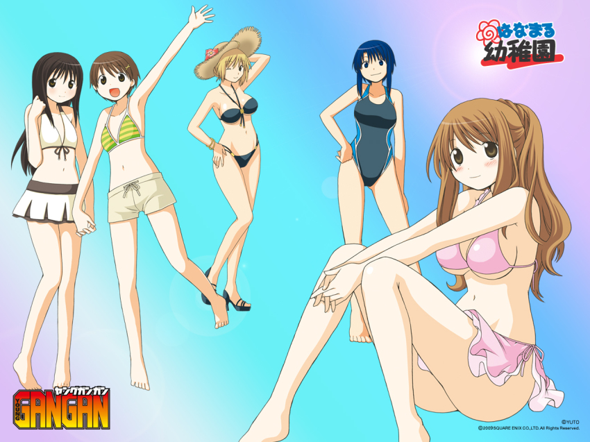 5girls, bad_anatomy, bad_feet, barefoot, bikini, blonde_hair, blue_hair, brown_hair, competition_swimsuit, feet, half_updo, hanamaru_youchien, hat, high_heels, holding_hands, interlocked_fingers, kusano-sensei, long_hair, multiple_girls, navel, one-piece_swimsuit, one_eye_closed, open_mouth, open_shoes, poorly_drawn, sakura_(hanamaru_youchien), satsuki_(hanamaru_youchien), shoes, short_hair, simple_background, sitting, standing, standing_on_one_leg, straw_hat, striped_bikini, striped_clothes, swimsuit, tsuchida_satsuki, waving, wink, yamamoto_mayumi, yamamoto_nanako, yuuto_(p.a.)