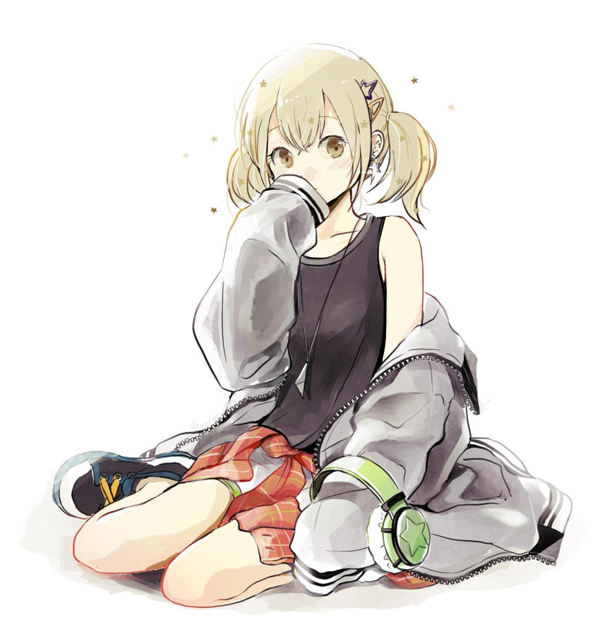 1girl, arm_at_side, azusawa_kohane, bare_arms, bare_legs, black_tank_top, blush, borrowed_clothes