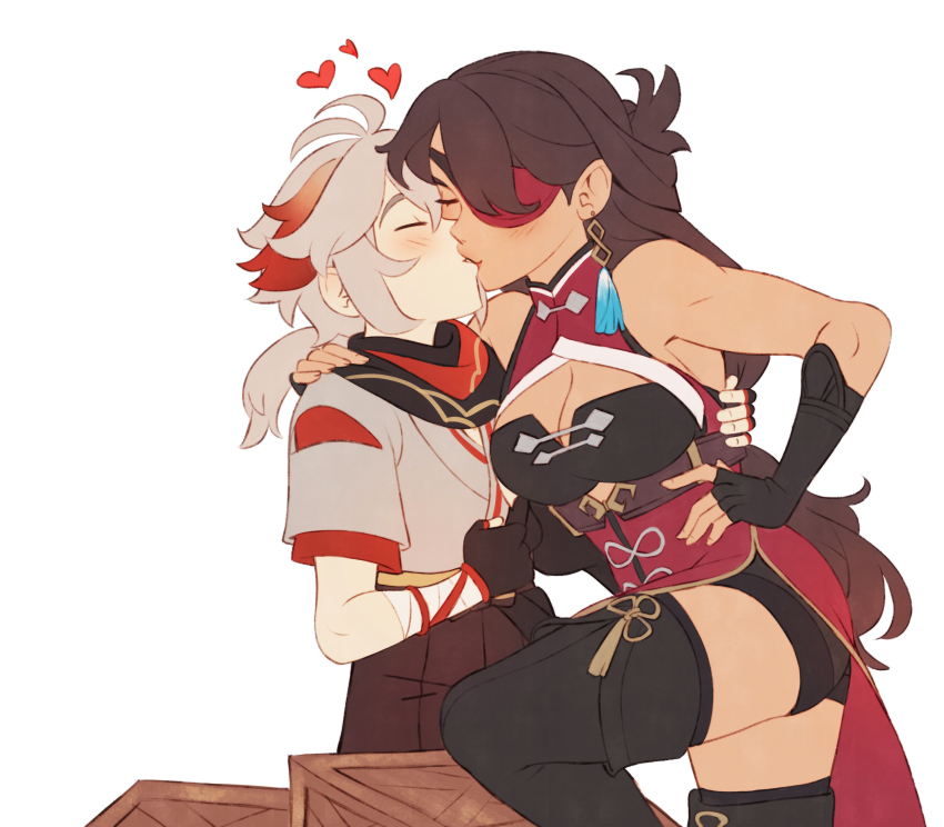 1boy, 1girl, absurdres, age_difference, arm_around_another's_waist, beidou_(genshin_impact), black_gloves, black_scarf