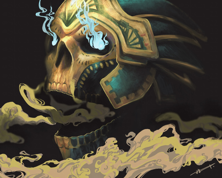 apex_legends, black_background, blue_eyes, blue_fire, fire, highres, humanoid_robot, neko_juu, no_humans, portrait, relic_of_death_revenant, revenant_(apex_legends), robot, science_fiction, simulacrum_(titanfall), skull, smoke