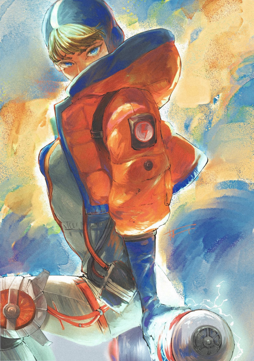 1girl, apex_legends, blonde_hair, blue_eyes, blue_headwear, bodysuit, breasts, cable