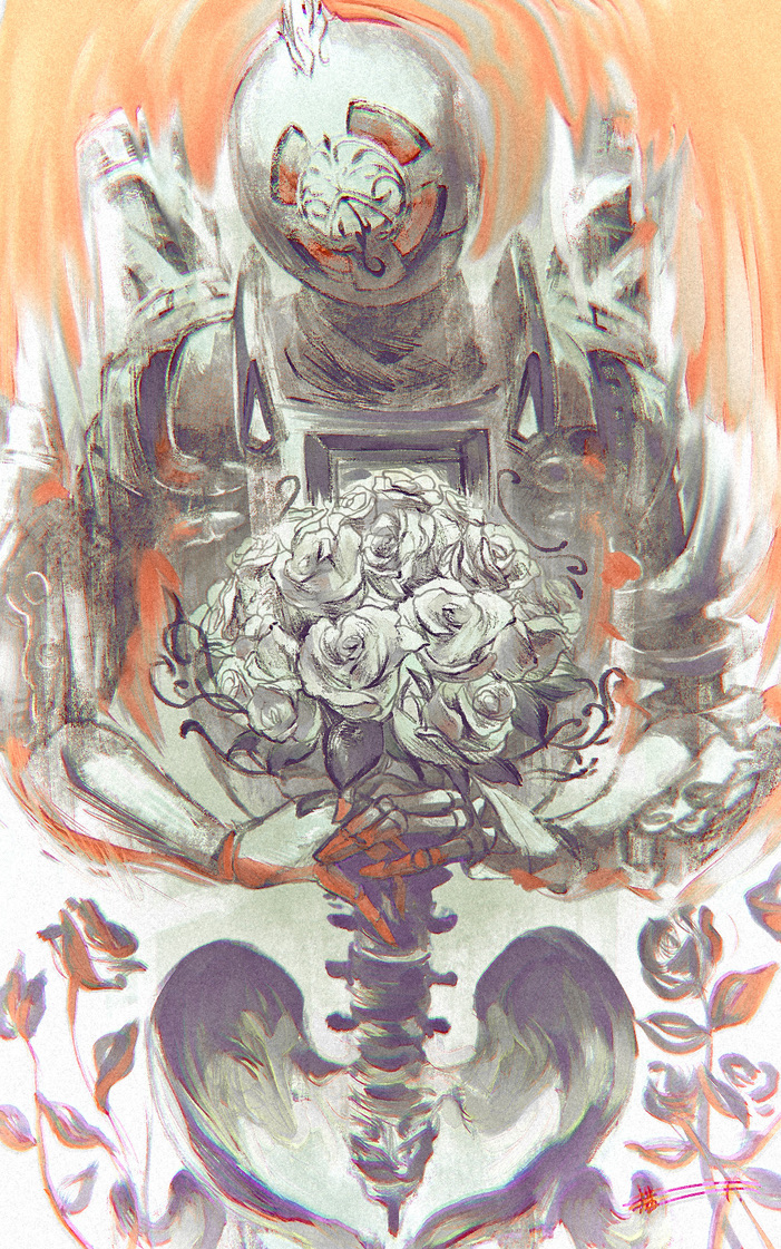 1boy, apex_legends, bouquet, flower, head_tilt, holding, holding_bouquet, humanoid_robot
