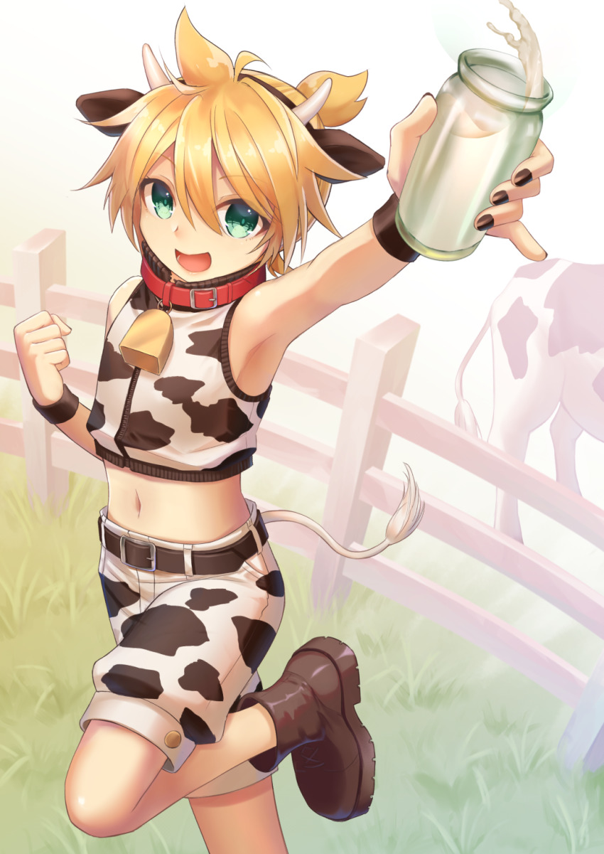 1boy, animal_ears, animal_print, aroeruji3, bell, blonde_hair, blue_eyes, collar, cow_boy, cow_ears, cow_horns, cow_print, cow_tail, cowbell, crop_top, highres, horns, kagamine_len, midriff, milk, nail_polish, navel, neck_bell, pale_skin, shorts, solo, tail, vocaloid