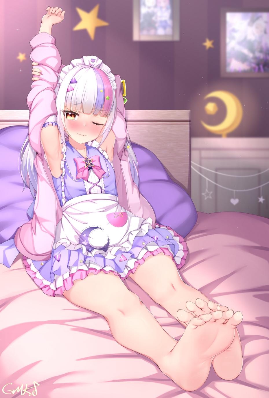 1girl, ;), apron, arm_behind_head, armpits, arms_up, barefoot, blurry, blurry_background, blush, bow, brown_eyes, closed_mouth, crescent, depth_of_field, dress, frilled_apron, frills, full_body, gmkj, highres, hololive, jacket, long_hair, long_sleeves, looking_at_viewer, maid_headdress, multicolored_hair, murasaki_shion, murasaki_shion_(magical_girl_maid), nose_blush, on_bed, one_eye_closed, open_clothes, open_jacket, pillow, pink_bow, pink_hair, pink_jacket, pleated_dress, purple_dress, purple_hair, signature, sitting, smile, soles, solo, star_(symbol), streaked_hair, very_long_hair, virtual_youtuber, waist_apron, white_apron, white_hair