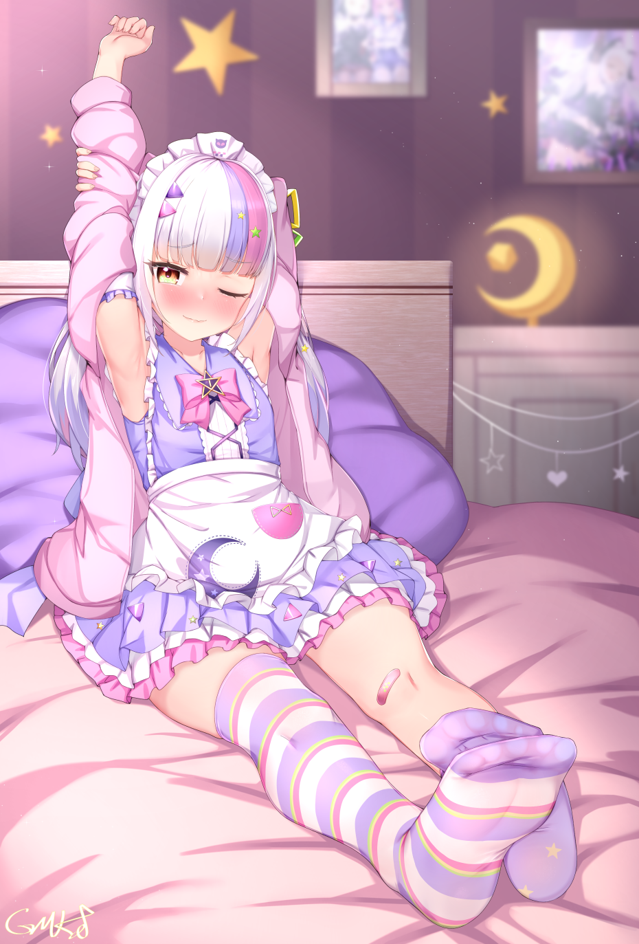 1girl, ;), apron, arm_behind_head, armpits, arms_up, bandaid, bandaid_on_knee, bandaid_on_leg, blurry, blurry_background, blush, bow, brown_eyes, closed_mouth, commentary_request, crescent, depth_of_field, dress, frilled_apron, frills, full_body, gmkj, highres, hololive, jacket, long_hair, long_sleeves, looking_at_viewer, maid_headdress, multicolored_hair, murasaki_shion, murasaki_shion_(magical_girl_maid), no_shoes, nose_blush, on_bed, one_eye_closed, open_clothes, open_jacket, pillow, pink_bow, pink_hair, pink_jacket, pleated_dress, print_legwear, print_socks, purple_dress, purple_hair, purple_socks, signature, single_sock, single_thighhigh, sitting, smile, socks, soles, solo, star_(symbol), star_print, streaked_hair, striped_clothes, striped_socks, striped_thighhighs, thighhighs, very_long_hair, virtual_youtuber, waist_apron, white_apron, white_hair