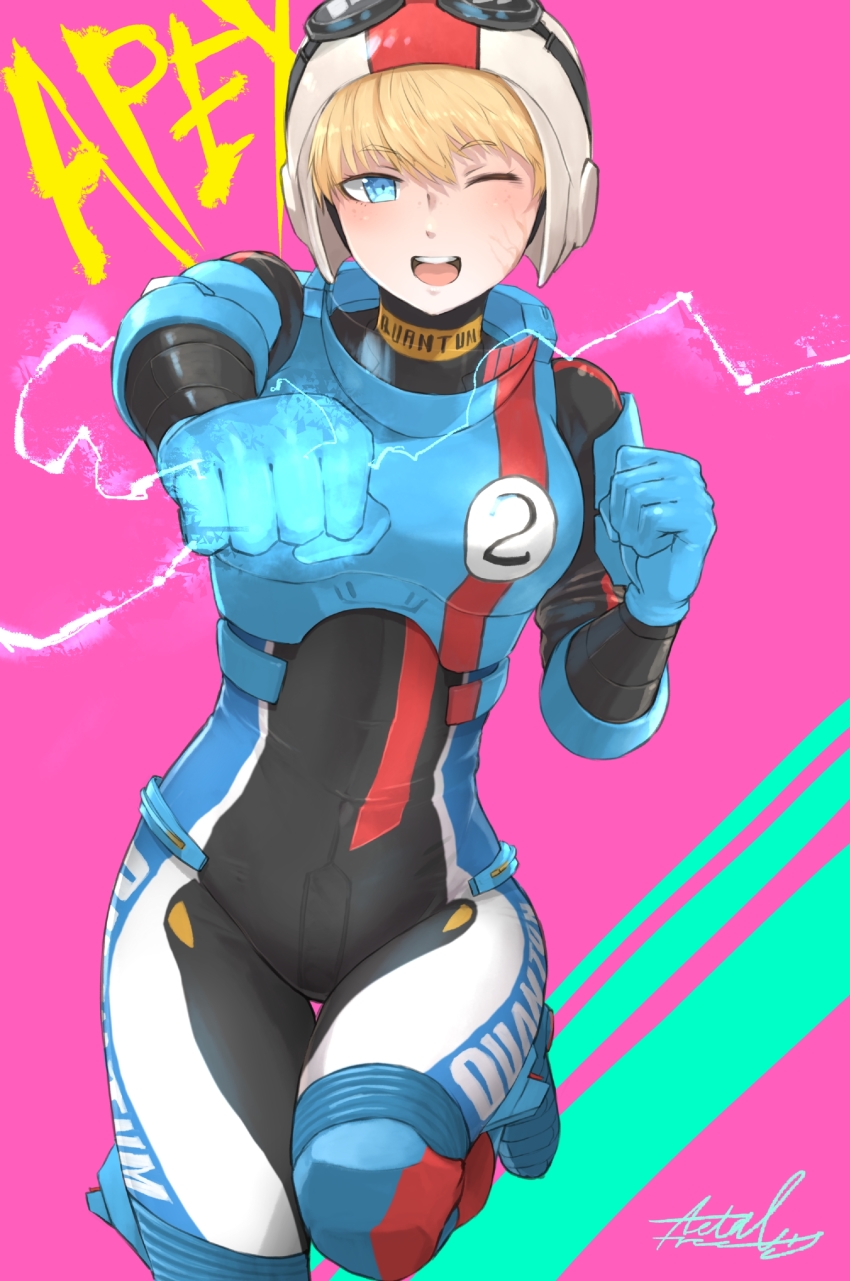 1girl, absurdres, animification, apex_legends, armor, blue_bodysuit, blue_eyes, blue_gloves