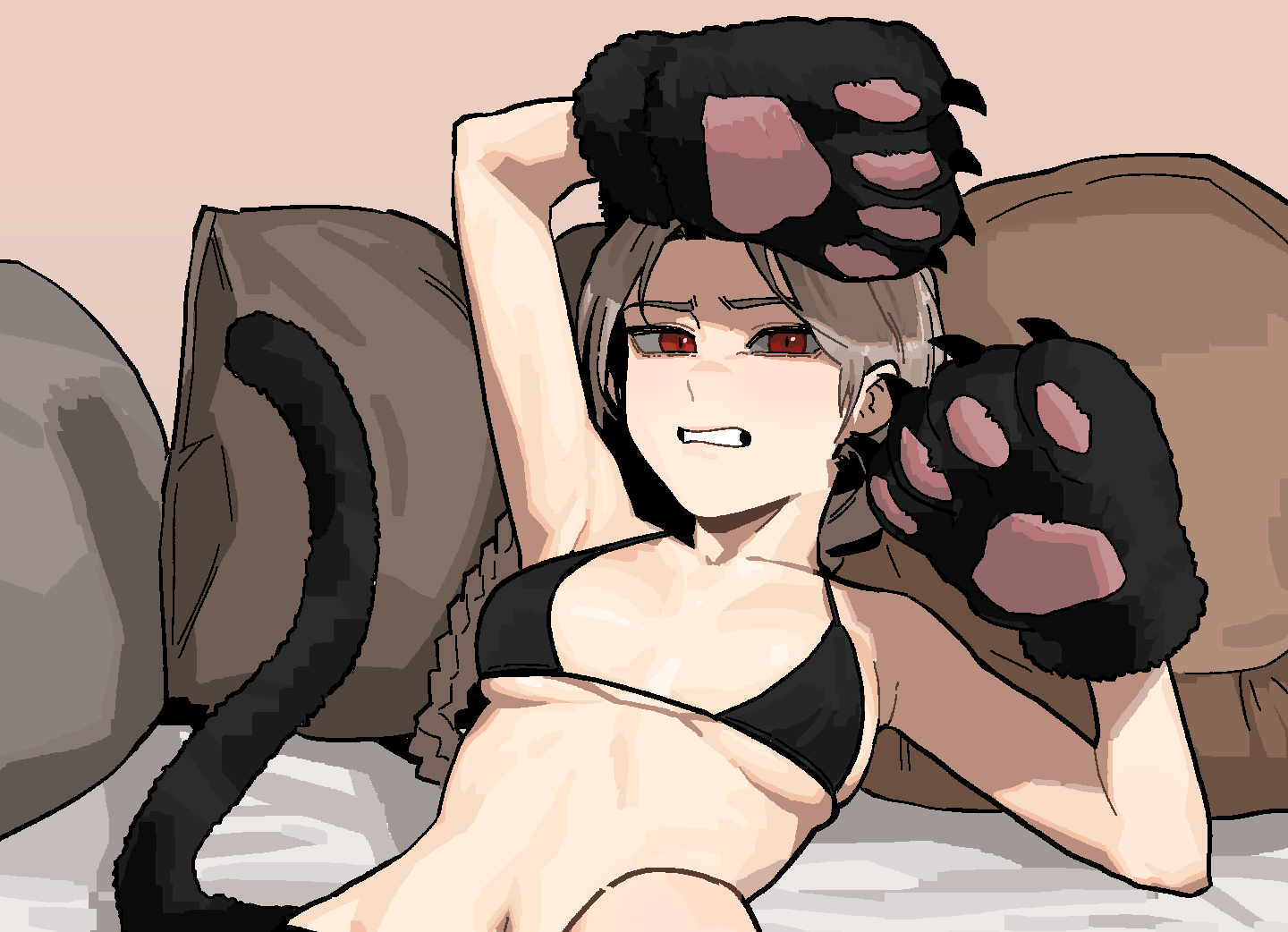 1girl, animal_hands, bikini, black_bikini, breasts, breasts_apart, brown_hair, brown_pillow, cat_paws, cat_tail, gloves, gogalking, looking_at_viewer, medium_breasts, original, parted_lips, paw_gloves, red_eyes, shadow, solo, swimsuit, tail, underboob, upper_body