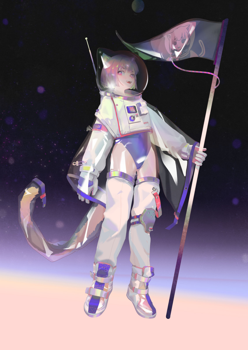 +_+, 1girl, absurdres, animal_ear_helmet, animal_ears, animal_helmet, blue_leotard, cat_ears, cat_girl, cat_tail, commentary, english_commentary, flag, full_body, grey_hair, helmet, highres, holding, holding_flag, knee_pads, leotard, looking_at_viewer, open_mouth, original, pink_eyes, see-through_clothes, see-through_sleeves, short_hair, smile, solo, space, space_helmet, spacesuit, star-shaped_pupils, star_(sky), star_(symbol), symbol-shaped_pupils, tail, teeth, tsuioku_(908026270), upper_teeth_only