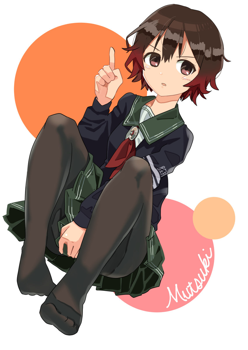 1girl, absurdres, black_jacket, black_pantyhose, brown_hair, character_name, commentary_request, crescent, crescent_pin, full_body, gradient_hair, green_sailor_collar, green_skirt, haida_katsuretsu, highres, index_finger_raised, jacket, kantai_collection, multicolored_hair, mutsuki_(kancolle), mutsuki_kai_ni_(kancolle), neckerchief, pantyhose, pleated_skirt, red_hair, red_neckerchief, sailor_collar, school_uniform, serafuku, short_hair, sitting, skirt, solo, white_background