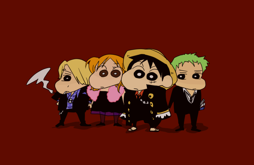 1girl, 3boys, black_hair, black_pants, blonde_hair, bolo_tie, cigarette, cosplay, crayon_shin-chan, dress, feather_boa, formal_clothes, green_hair, hair_over_one_eye, hat, highres, kazama_tooru, long_hair, male_focus, monkey_d._luffy, multiple_boys, nami_(one_piece), necktie, nohara_shinnosuke, one_piece, one_piece:_strong_world, orange_hair, pants, parody, polka_dot, red_shirt, roronoa_zoro, sakurada_nene, sanji_(one_piece), sato_masao, satou_masao, scar, serious, shiori7, shirt, short_hair, simple_background, smoking, straw_hat, style_parody, suit, sword, weapon