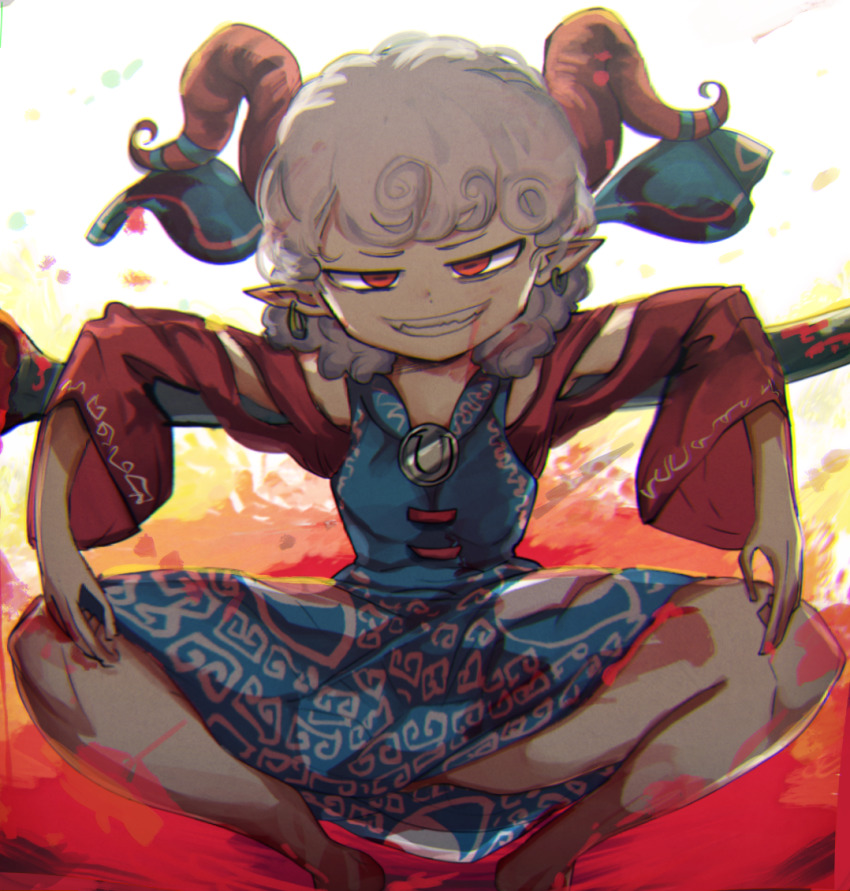 1girl, bare_shoulders, barefoot, blood, blood_from_mouth, blood_on_hands, blood_on_leg, blue_dress