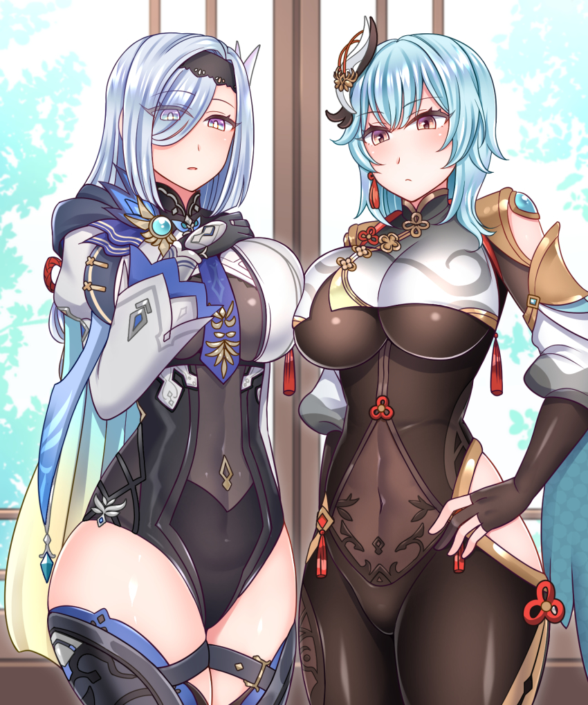 2girls, black_bodysuit, black_hairband, black_headband, black_leotard, blue_cape, blue_gloves, blue_hair