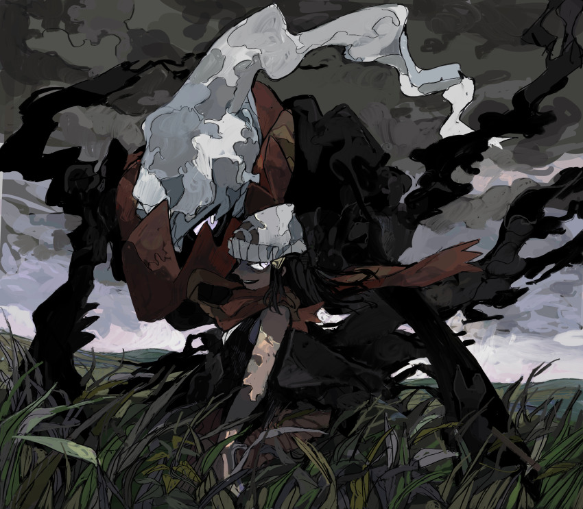 1girl, abstract, absurdres, bad_id, bad_pixiv_id, beanie, black_hair, cloud