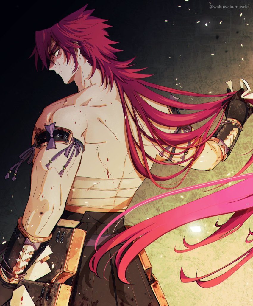 1boy, abs, armband, armlet, back, from_behind, bandages, bara