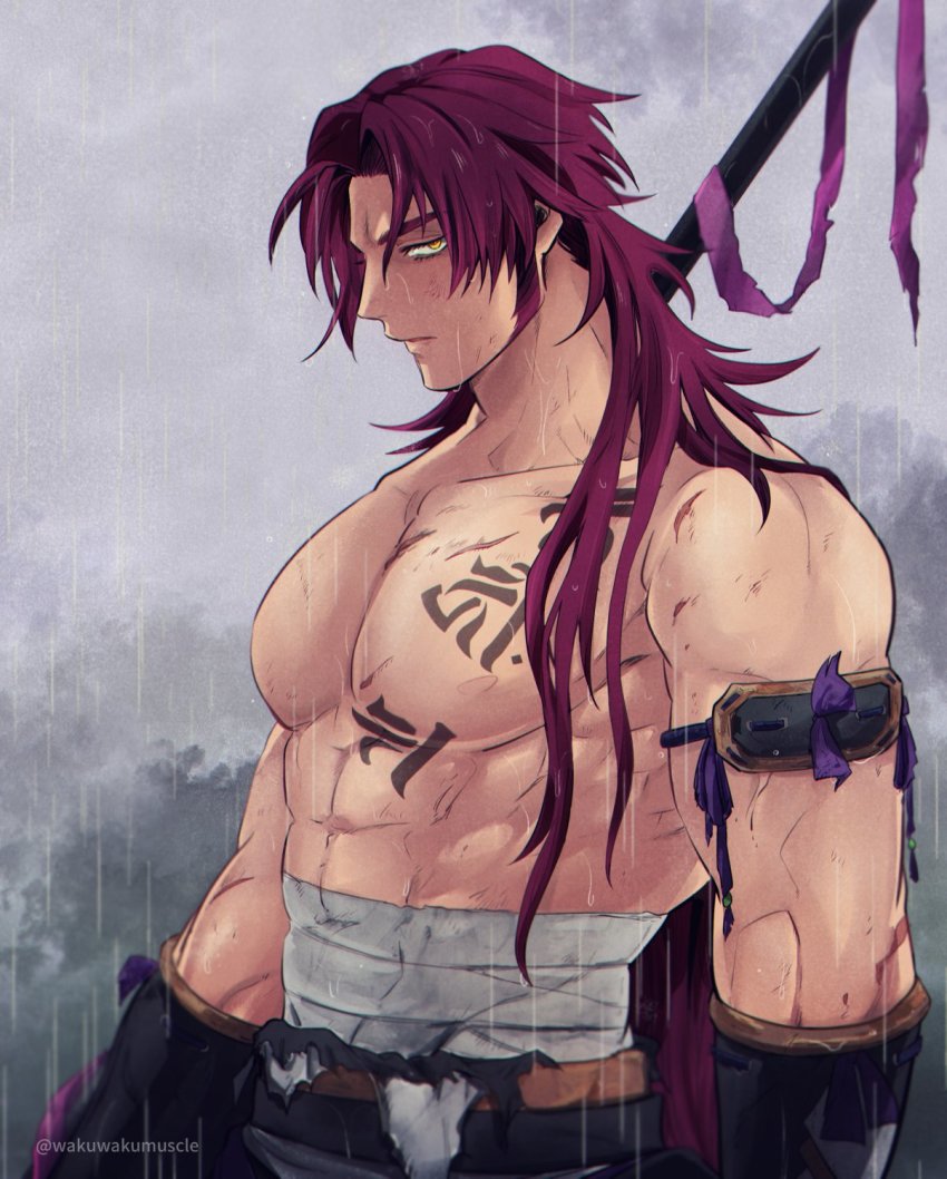 1boy, abs, armband, armlet, bandages, bara, glaring, hair_down, highres, jewelry, large_pectorals, long_hair, looking_at_viewer, male_focus, mullet, muscular, muscular_male, parted_bangs, pectorals, rain, red_hair, sideburns, solo, stomach, tattoo, tonbokiri_(touken_ranbu), topless_male, touken_ranbu, vambraces, wakuwakumuscle, weapon