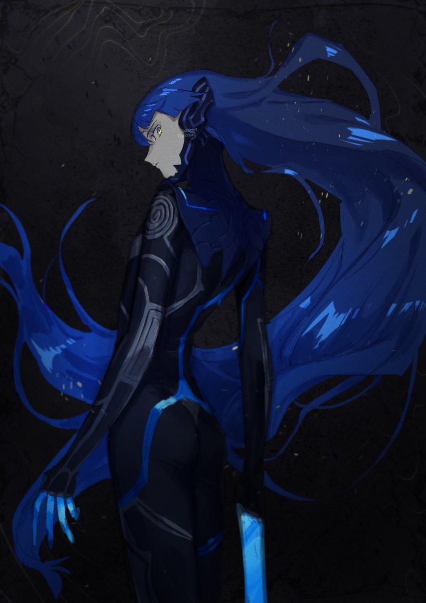 1boy, androgynous, armor, ass, blue_hair, bodysuit, eyelashes, highres