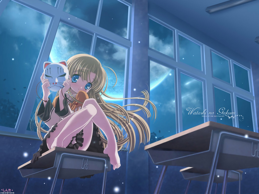 00s, 1girl, blonde_hair, blue_eyes, classroom, desk, female_focus, indoors