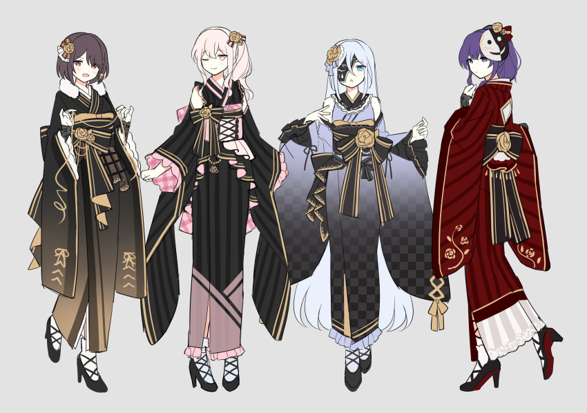 1other, 3girls, akiyama_mizuki, asahina_mafuyu, back_bow, black_footwear, black_kimono, black_sash, blue_eyes, blue_kimono, bow, brown_eyes, brown_kimono, checkered_clothes, checkered_kimono, detached_sleeves, fingerless_gloves, flower, frilled_kimono, frilled_sleeves, frills, full_body, fur_collar, gloves, golden_rose, gradient_clothes, gradient_kimono, grey_background, hair_flower, hair_ornament, half_gloves, high_heels, high_ponytail, highres, japanese_clothes, kimono, lace, lace-trimmed_kimono, lace_gloves, lace_trim, long_hair, long_sleeves, mask, mask_on_head, mask_over_one_eye, multicolored_kimono, multiple_girls, obi, obiage, one_eye_closed, pink_eyes, pink_hair, pink_kimono, ponytail, project_sekai, purple_eyes, purple_hair, red_kimono, rose, sash, shinonome_ena, short_hair, side_ponytail, sidelocks, simple_background, striped_clothes, striped_kimono, toraware_no_marionette_(project_sekai), vertical-striped_clothes, vertical-striped_kimono, very_long_hair, waka_(wk4444), white_legwear, wide_sleeves, yoisaki_kanade