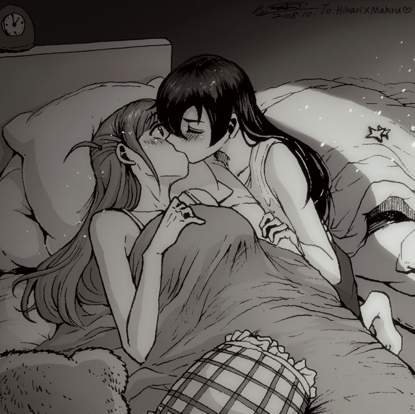 2girls, alarm_clock, blush, clock, commentary_request, dated, closed_eyes, greyscale