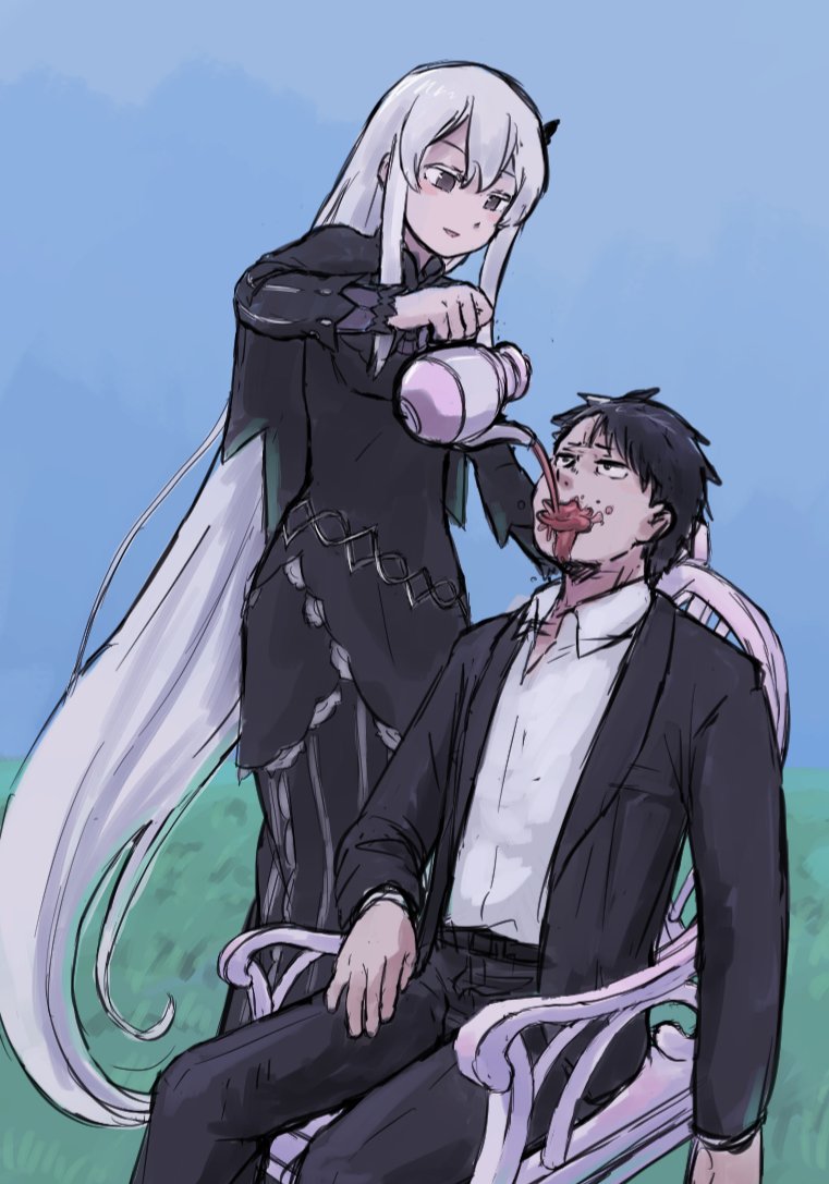 1boy, 1girl, alternate_costume, alternate_hairstyle, alternate_universe, annoyed, black_dress, blush