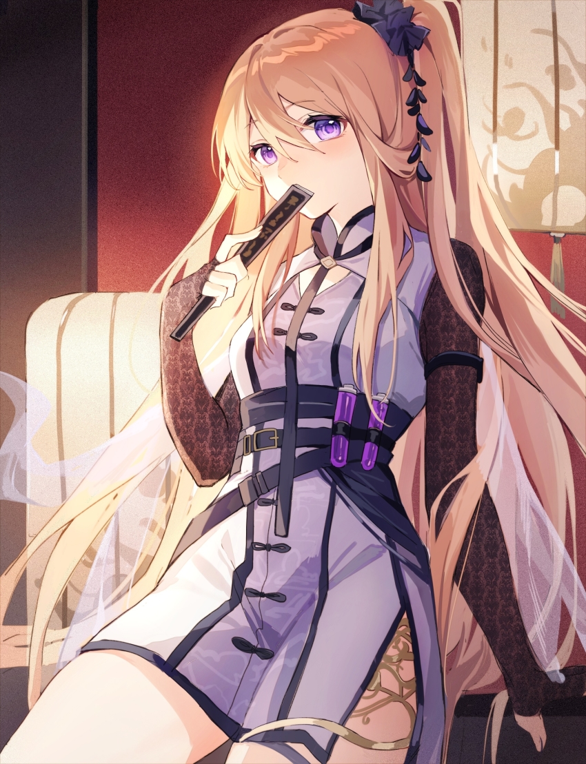 1girl, absurdres, arknights, armlet, black_gloves, blonde_hair, blush, buckle, cowboy_shot, dress, elbow_gloves, fingerless_gloves, folded_fan, folding_fan, gloves, hair_between_eyes, hand_fan, highres, indigo_(arknights), indigo_(serene_day)_(arknights), indoors, jewelry, lantern, long_hair, looking_at_viewer, official_alternate_costume, one_side_up, paper_lantern, patterned_clothing, purple_dress, purple_eyes, sleeveless, sleeveless_dress, solo, test_tube, very_long_hair, yunweishukuang