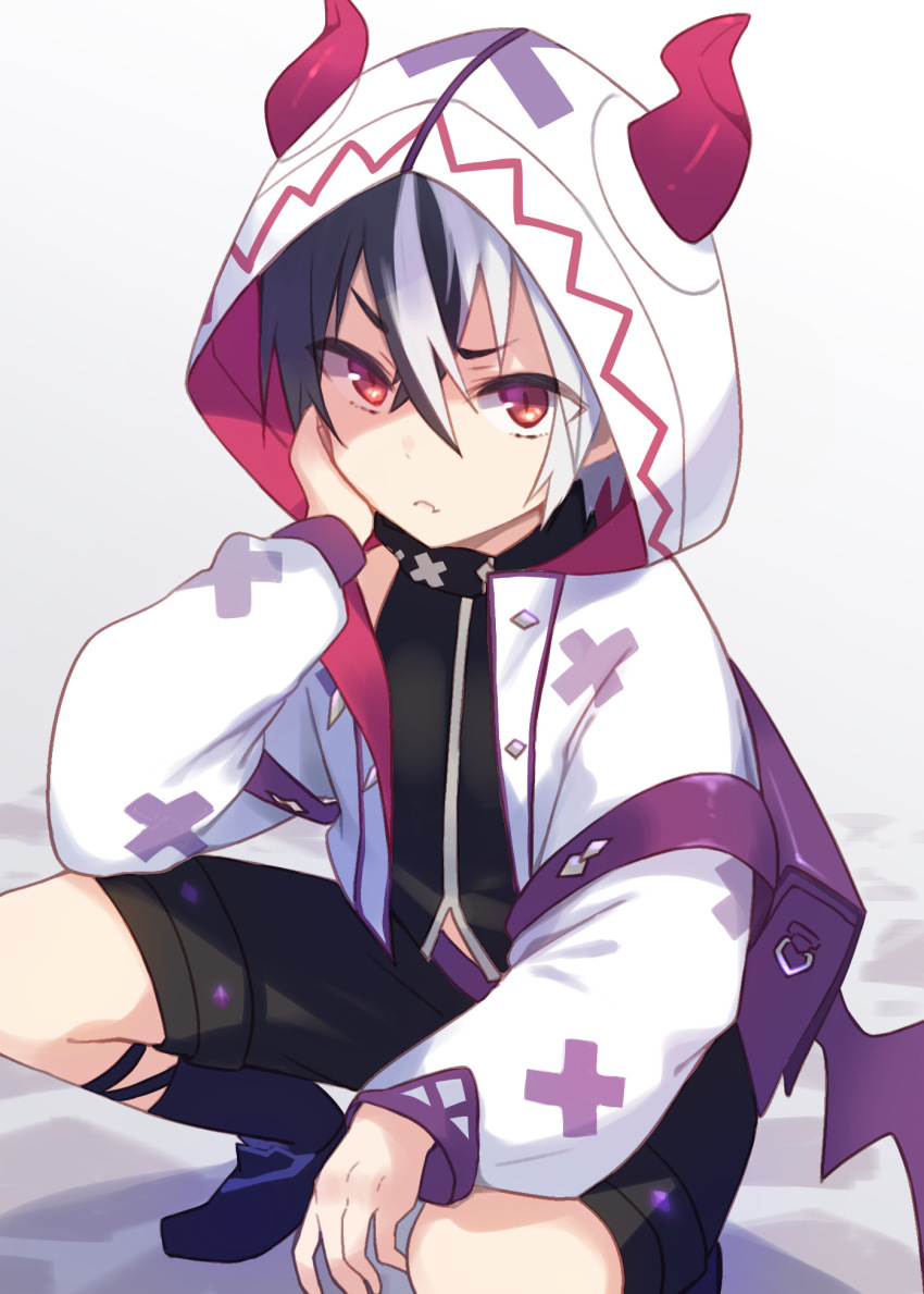 1boy, backpack, bag, black_hair, black_shirt, black_shorts, closed_mouth, commentary_request